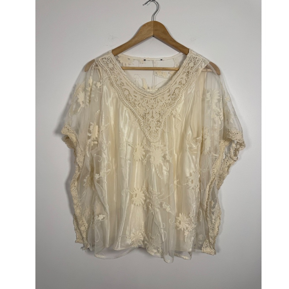 Coquette Vintage Cinema Etoile Women XL Sheer Lace Overlay Top Cream Floral Mesh
